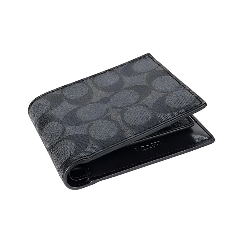 COACH Billfold Wallet Canvas With Calfskin Wallet Men's Black Monogram-3