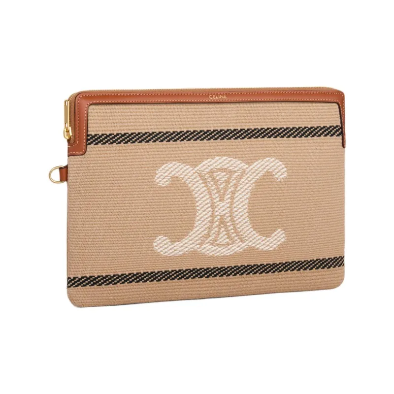 CELINE Fabric Cow Leather Patchwork Clutch Small Size Women's Beige & Black-2