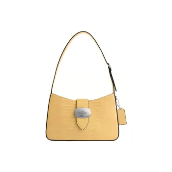 COACH Eliza Lizard Embossed Leather Handbag, Shoulder Bag Medium Size Women's Silver & Dry Grass