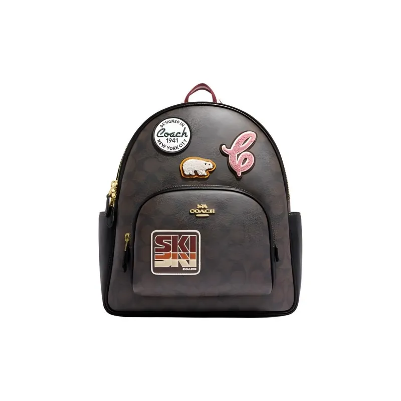 COACH Court Coated Canvas With Pebbled Leather Backpack Large Size Women's Brown Black-0