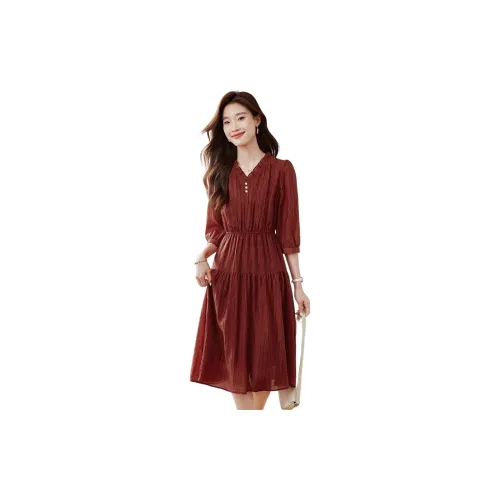 Still quiet Long-Sleeved Dresses Women's Autumn Leaves Red