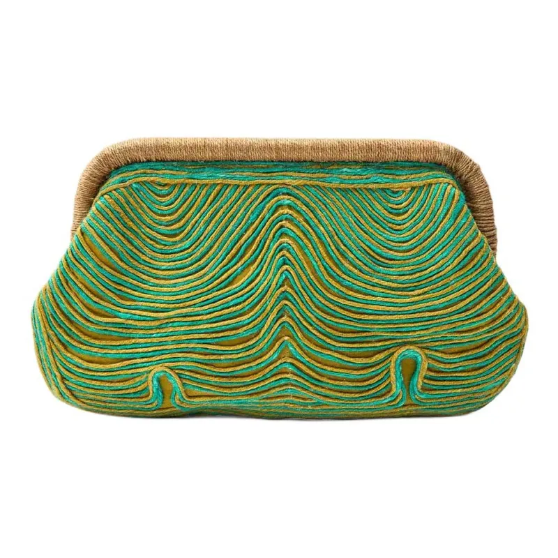 ZARA Cotton And Jute Blend Clutch Small Size Women's Green-0