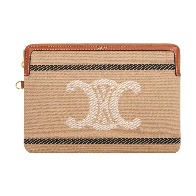 CELINE Fabric Cow Leather Patchwork Clutch Small Size Women's Beige & Black-1