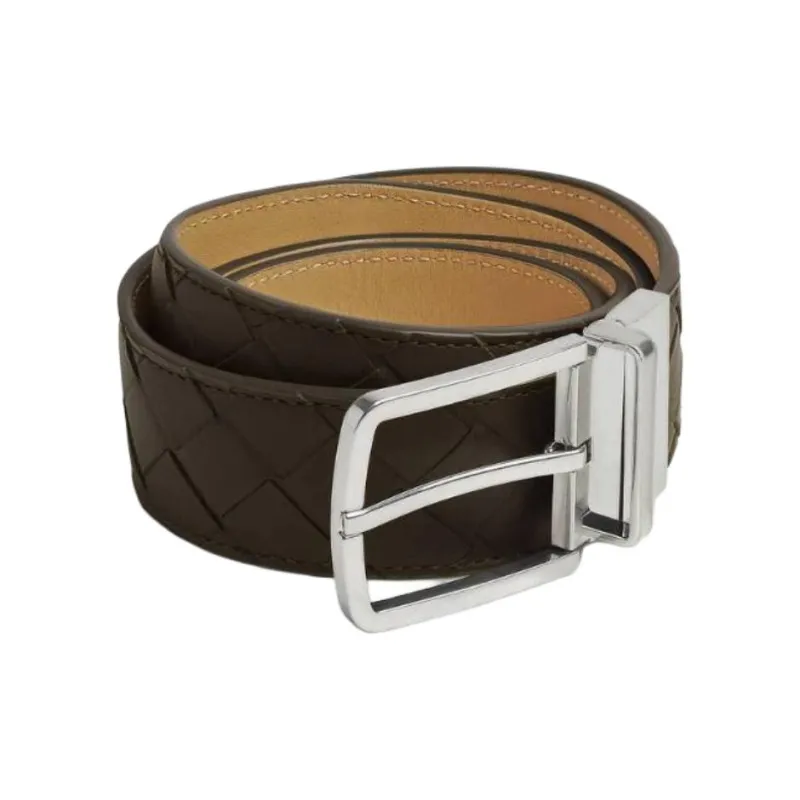 Bottega Veneta Double Sided Design Calfskin Leather Belts Men's Khaki/Dark Praline Width 3.5CM-0