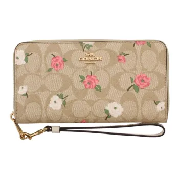 COACH Zip Around Canvas Wallet Small Size Women's Gold & Light Khaki Chalk Multicolor