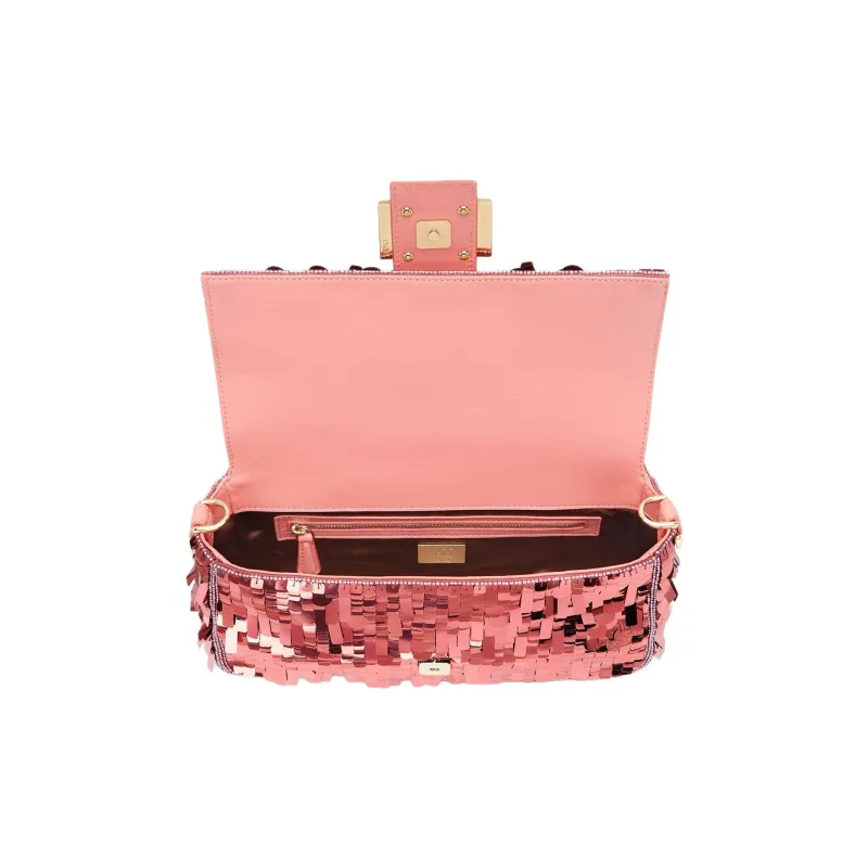 FENDI Baguette Calfskin Portable Crossbody Bag, Shoulder Bag Medium Size Women's Pink-3