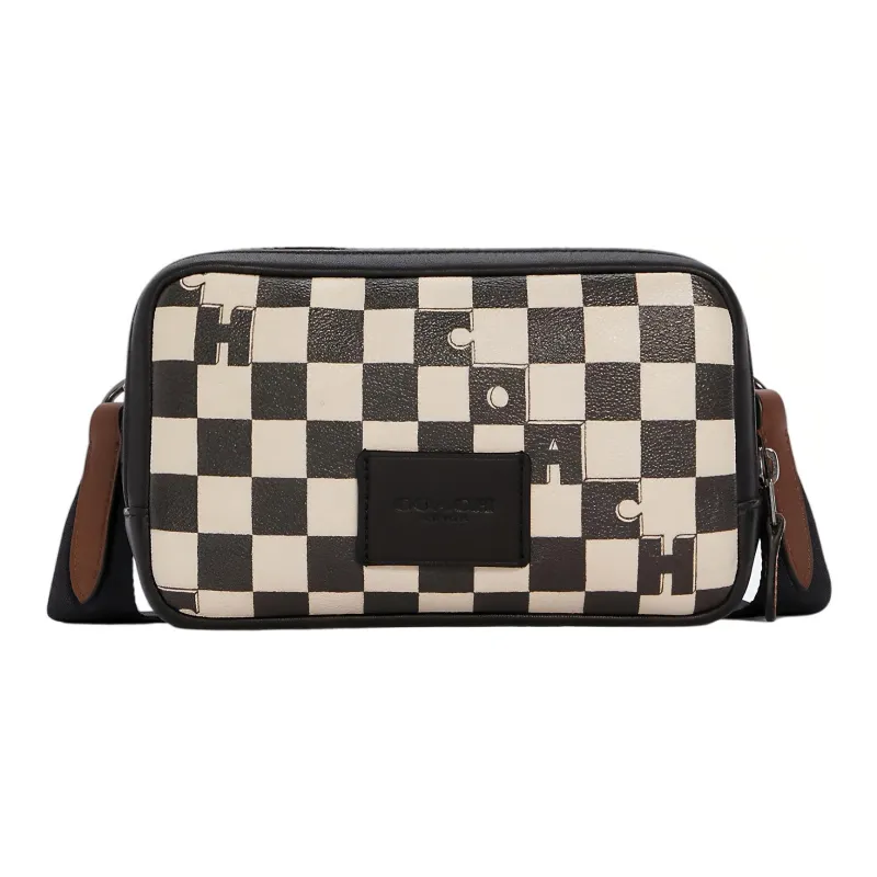 COACH Carrier Cow Leather Cell Phone Pouch, Pochette, Shoulder Bag, Crossbody Bag Small Size Unisex Black White-0