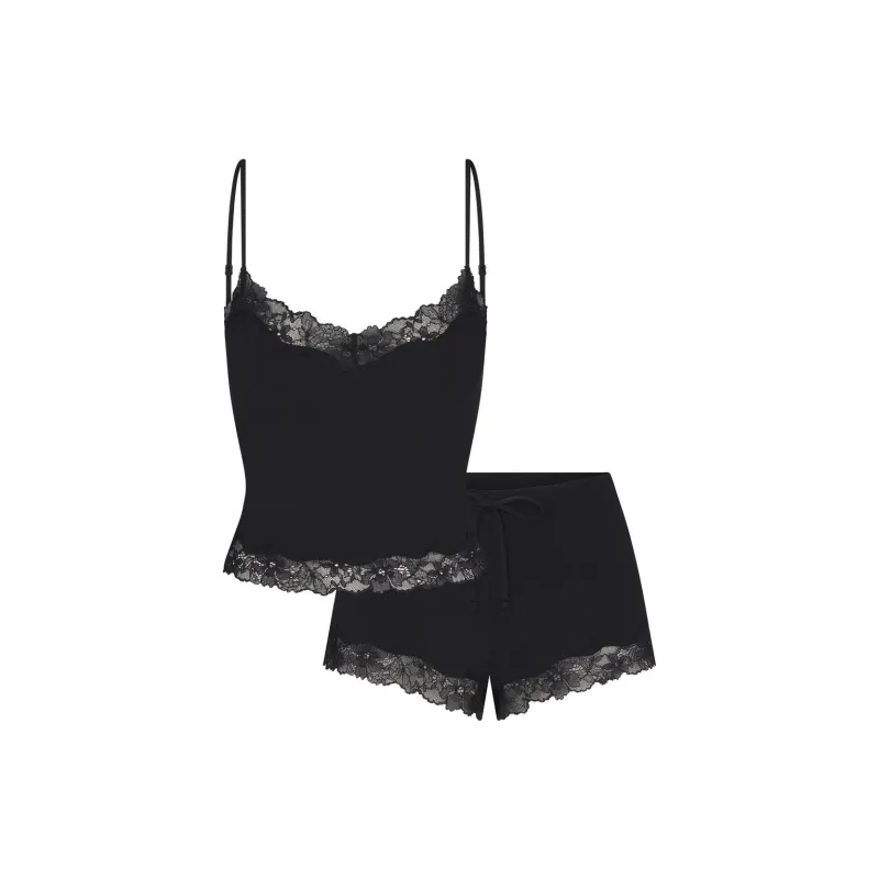 SKIMS COTTON LACE CAMI AND SHORT SET Pajama Set Women's ONYX/Onyx-0