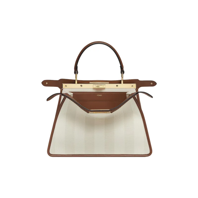 FENDI Peekaboo ISeeU Striped Fabric Calfskin Trim Shoulder Bag Crossbody Bag Handbag Medium Size Women's Light Umber-1