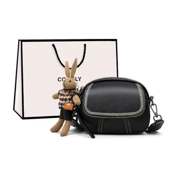 COMELY Cow Leather Patchwork Synthetic Leather Small Round Bag Crossbody Bag Shoulder Bag Regular Women's Black