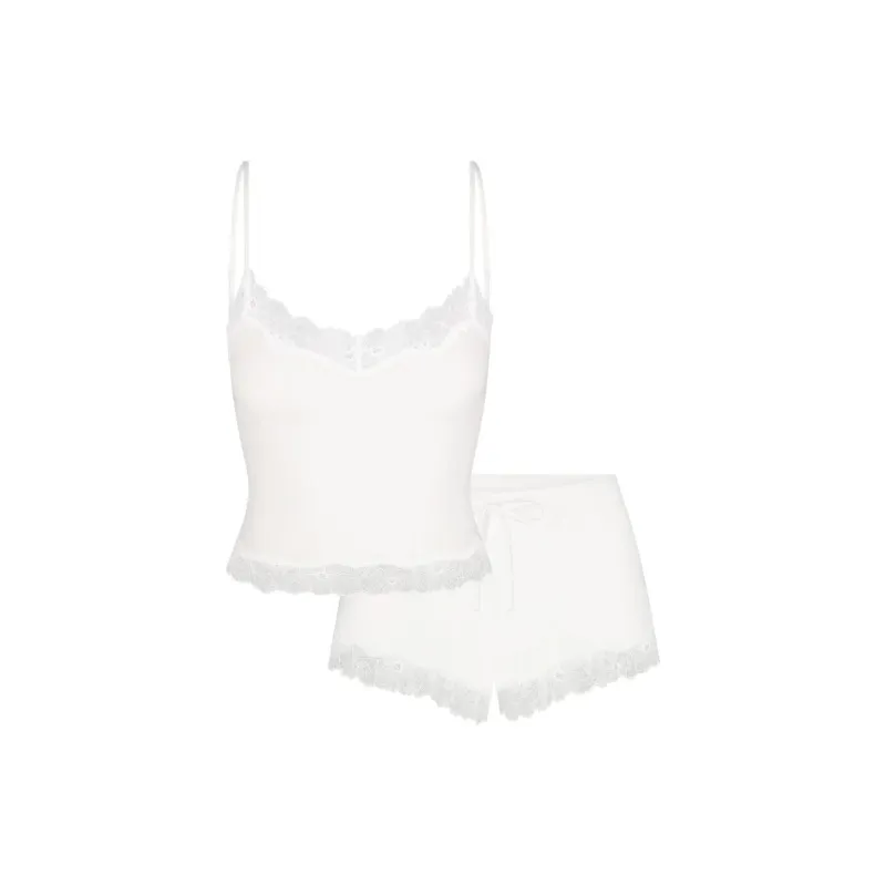 SKIMS COTTON LACE CAMI AND SHORT SET Pajama Set Women's MARBLE/Marble-0