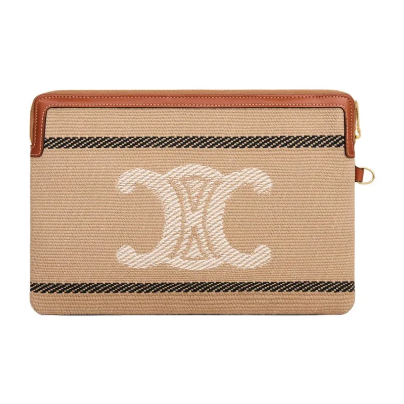 CELINE Fabric Cow Leather Patchwork Clutch Small Size Women's Beige & Black-3