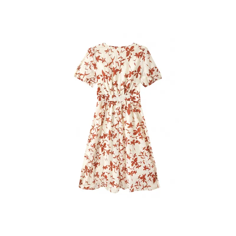 MKBY Short Sleeved Dress Women's Light Beige With Red Flower Print-1