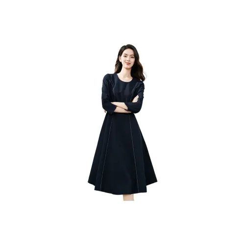 Late White Long-Sleeved Dresses Women's Dark Blue