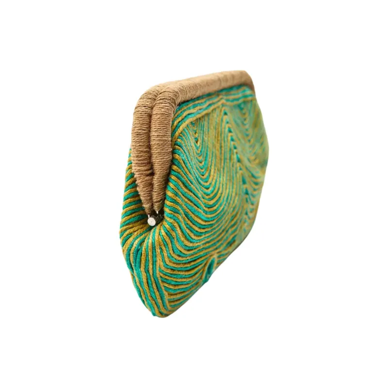 ZARA Cotton And Jute Blend Clutch Small Size Women's Green-1