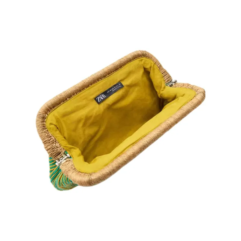 ZARA Cotton And Jute Blend Clutch Small Size Women's Green-2
