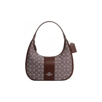COACH Smooth Leather Handbag Shoulder Bag Large Size Women's Silver & Maple Wood Color