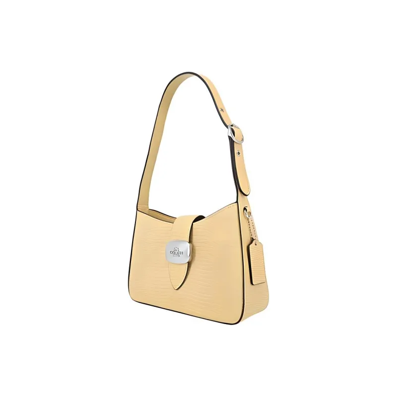 COACH Eliza Lizard Embossed Leather Handbag, Shoulder Bag Medium Size Women's Silver & Dry Grass-2