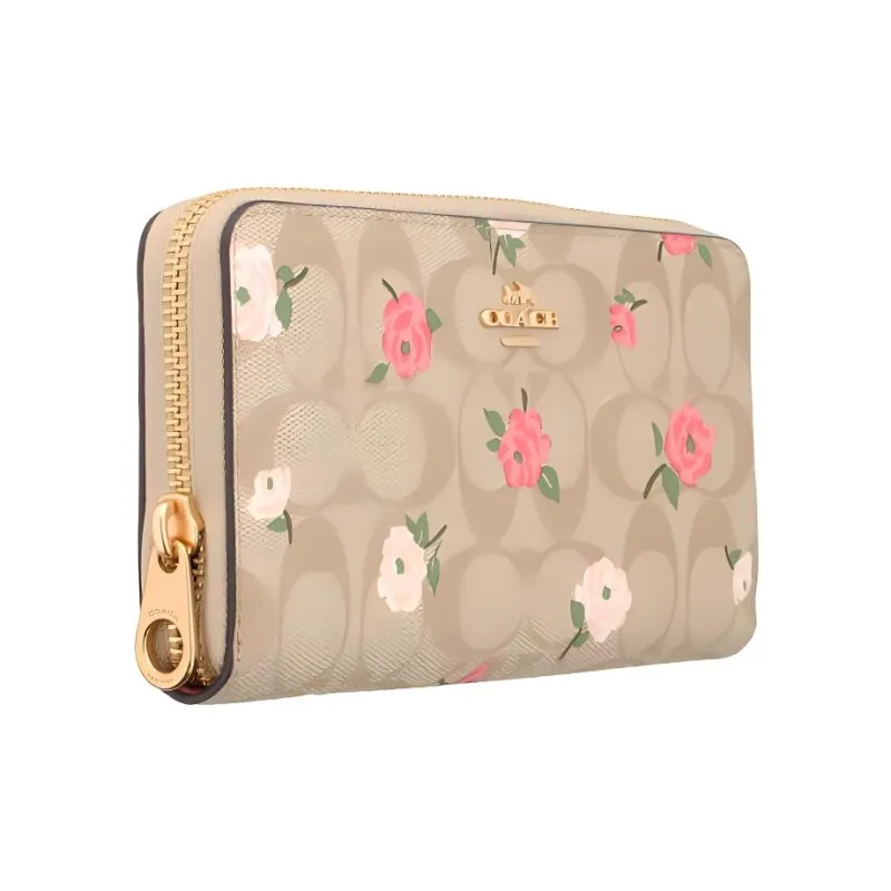 COACH Zip Around Canvas Wallet Small Size Women's Gold & Light Khaki Chalk Multicolor-1