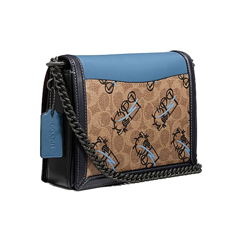 COACH Hutton Canvas With Leather Small Square Bag, Chain Bag, Crossbody Bag, Shoulder Bag Women's Blue Brown Multicolor-1