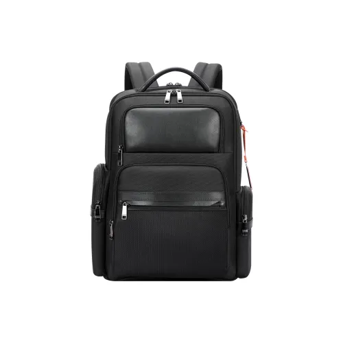 BOPAI Cow Leather With Fabric Backpacks Medium Size Men's Black