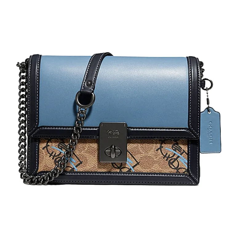COACH Hutton Canvas With Leather Small Square Bag, Chain Bag, Crossbody Bag, Shoulder Bag Women's Blue Brown Multicolor-0