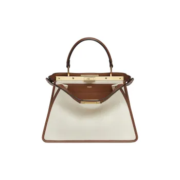 FENDI Peekaboo ISeeU Striped Fabric Calfskin Trim Shoulder Bag Crossbody Bag Handbag Medium Size Women's Light Umber