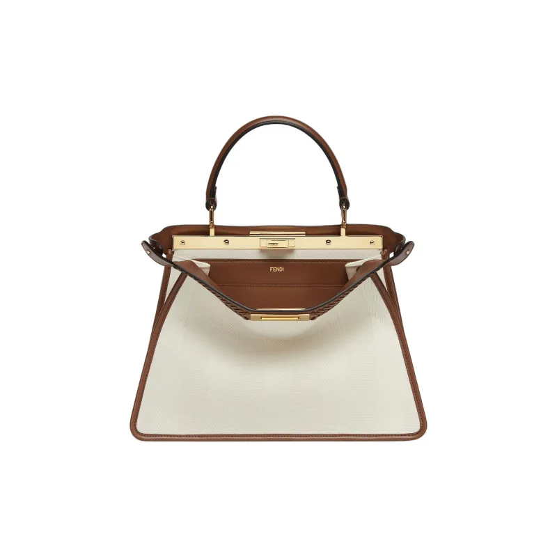 FENDI Peekaboo ISeeU Striped Fabric Calfskin Trim Shoulder Bag Crossbody Bag Handbag Medium Size Women's Light Umber-0