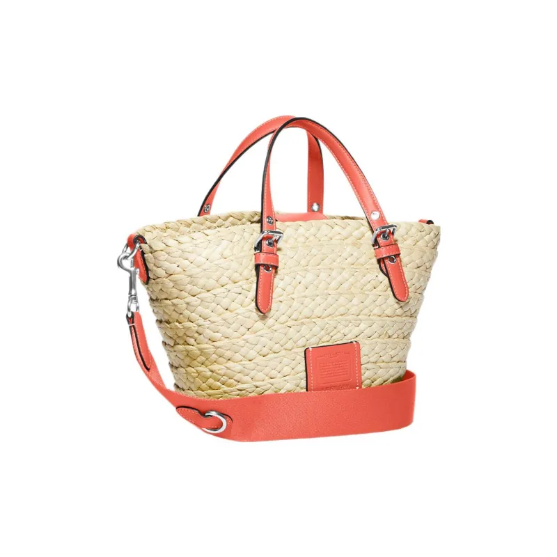 COACH Straw Woven With Leather Tote Bag, Shopping Bag, Tote Handbag Medium Size Women's Light Khaki & Pink-1
