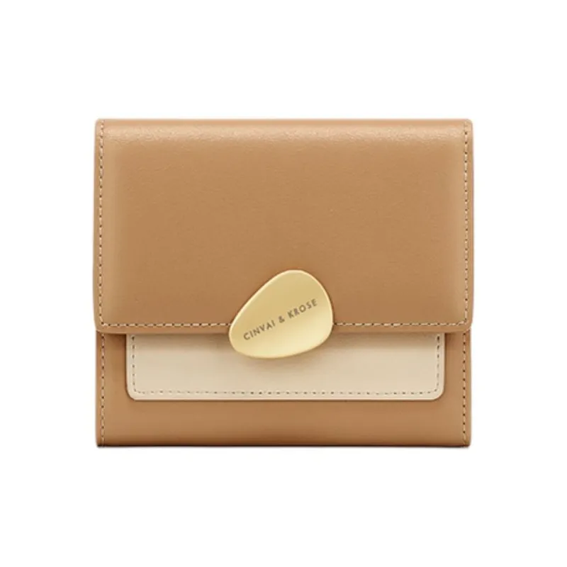 Simvay Clos Cow Leather Patchwork Synthetic Leather Wallet Women's Apricot-5