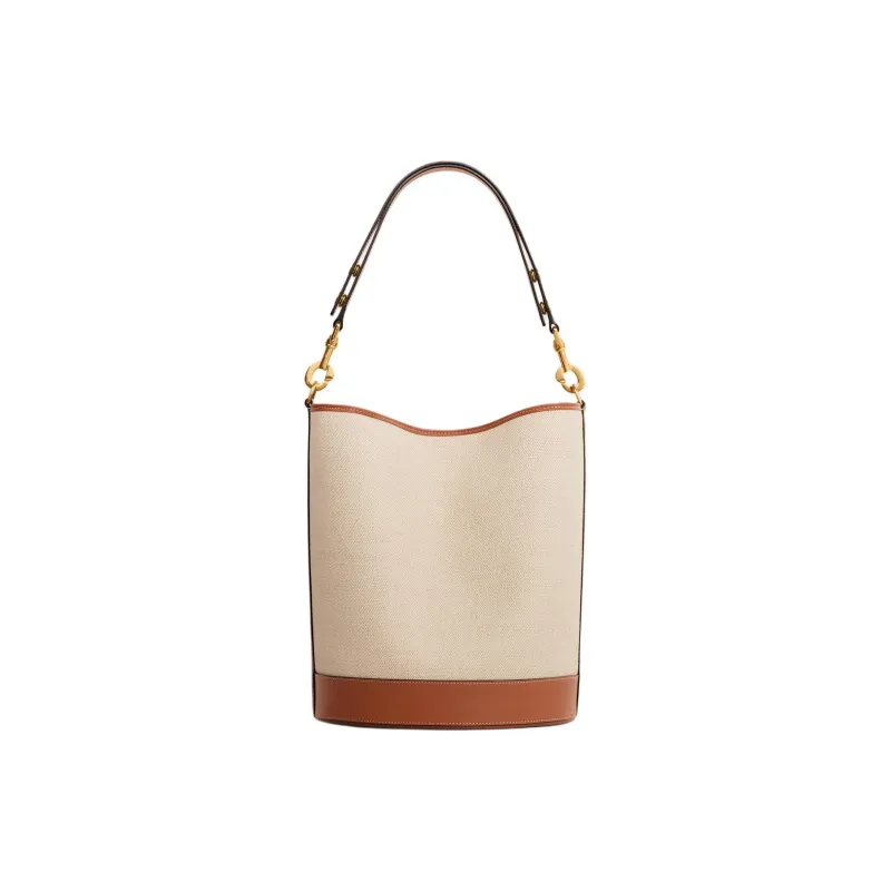 CELINE Fabric With Calfskin Hand Bucket Bag, Shoulder Bag Women's Natural & Tan-2
