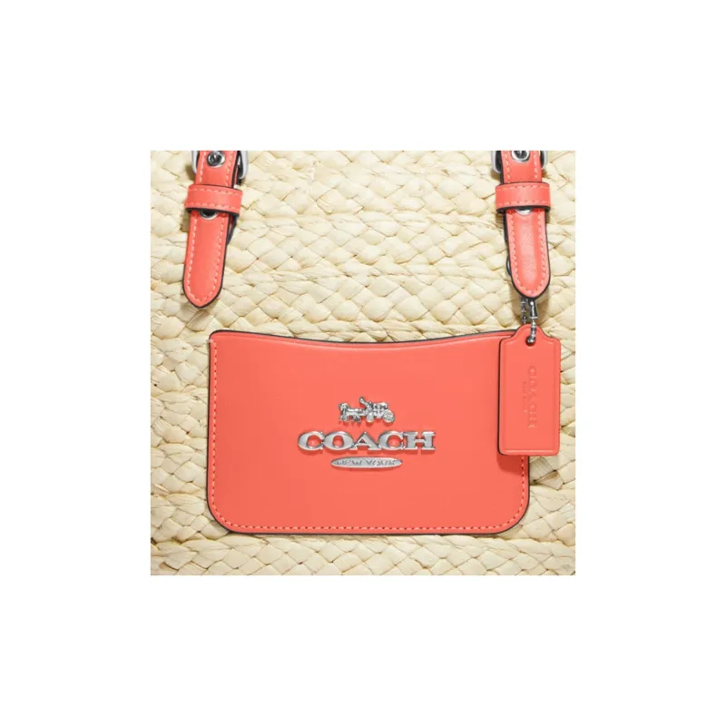 COACH Straw Woven With Leather Tote Bag, Shopping Bag, Tote Handbag Medium Size Women's Light Khaki & Pink-3