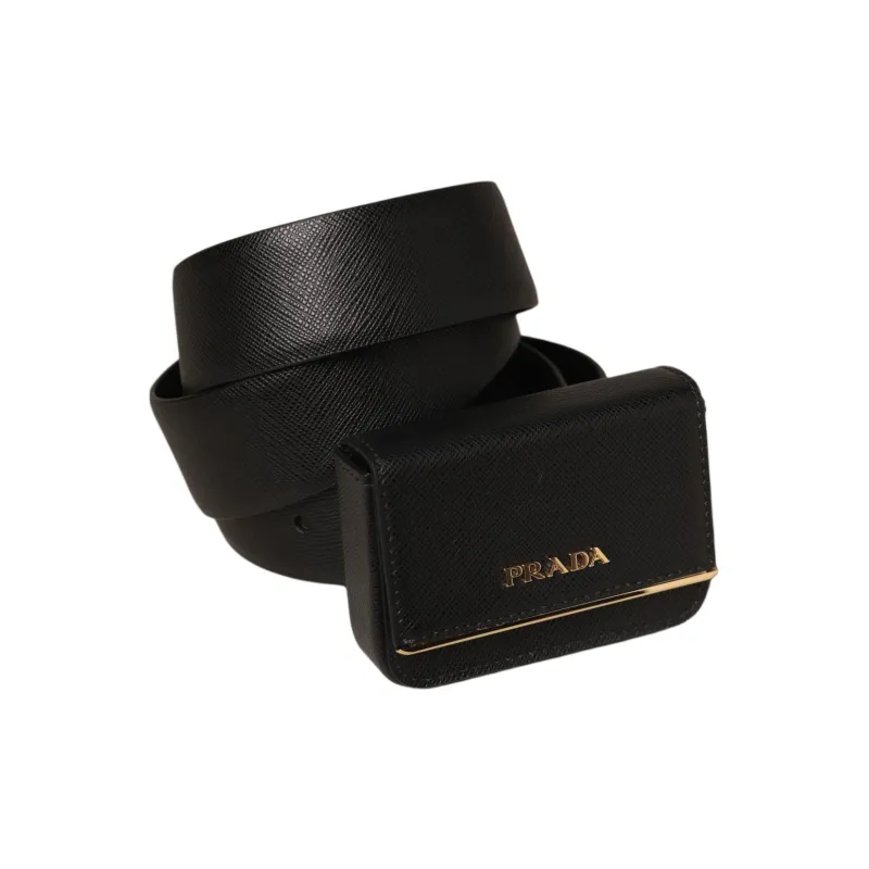 PRADA Letter Emblem Smooth Buckle Genuine Leather Metal Leather Belts Women's Black Width 3.5CM-1