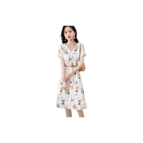 XWI Short-Sleeved Dresses Women's White Base With Yellow Print