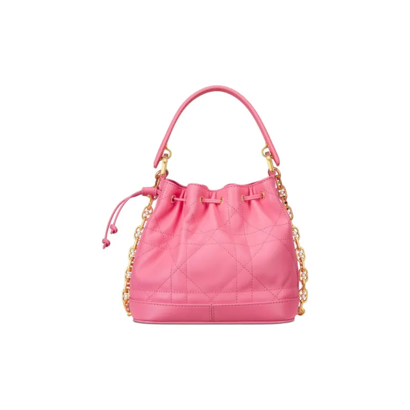 DIOR Extra Large Wicker Pattern Cow Leather Bucket Bag Handbag Shoulder Bag Small Size Women's Candy Pink-2