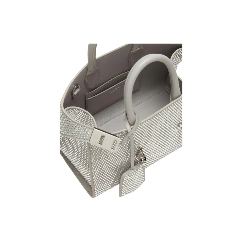 FERRAGAMO Crystal Embellished Calfskin Shoulder Bag, Crossbody Bag, Handbag Mini Women's Silver-4