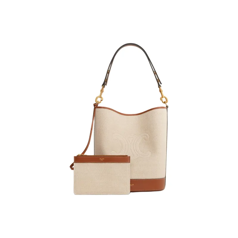 CELINE Fabric With Calfskin Hand Bucket Bag, Shoulder Bag Women's Natural & Tan-3
