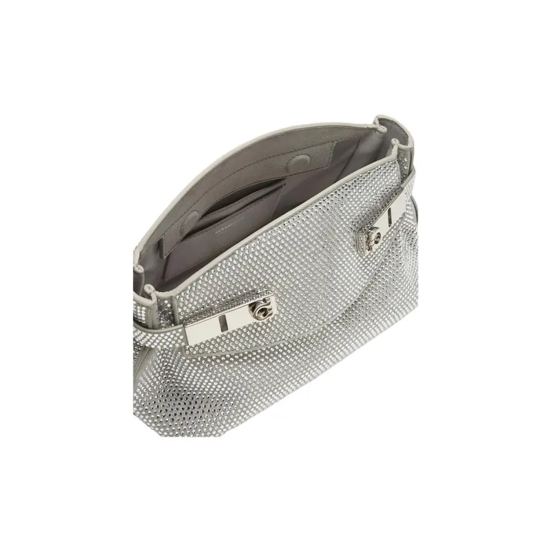 FERRAGAMO Calfskin With Suede Shoulder Bag, Crossbody Bag Trumpets Women's Silver-4