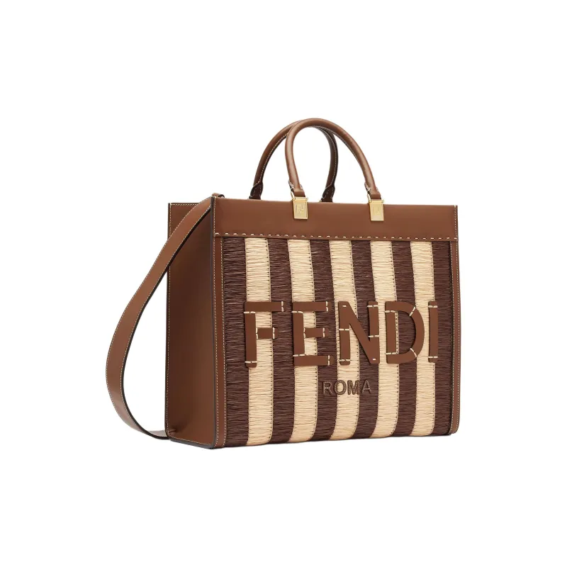 FENDI Sunshine Raffia With Leather Tote Bag Shopping Bag Shoulder Bag Crossbody Bag Handbag Medium Size Women's Brown-1
