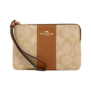 COACH Corner Zip Coated Canvas With Recycled Leather Clutch Small Size Women's Gold & Light Khaki & Light Saddle Brown