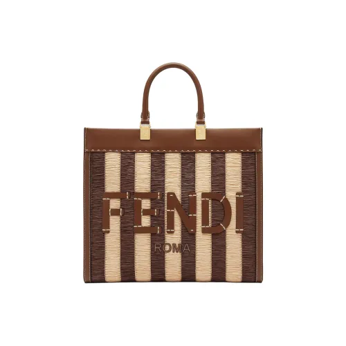 FENDI Sunshine Raffia With Leather Tote Bag Shopping Bag Shoulder Bag Crossbody Bag Handbag Medium Size Women's Brown