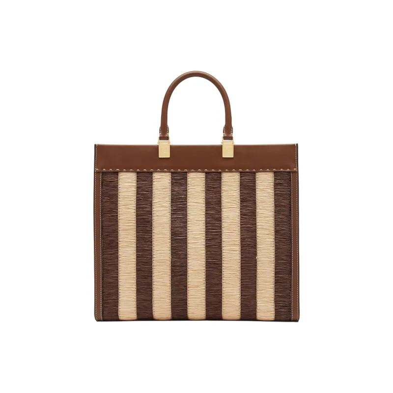 FENDI Sunshine Raffia With Leather Tote Bag Shopping Bag Shoulder Bag Crossbody Bag Handbag Medium Size Women's Brown-2