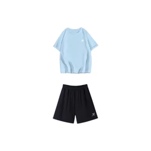 XTEP Casual Sportswear Unisex Set Water Bay Blue Short Sleeve + Black Shorts