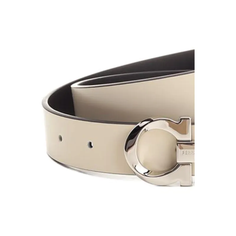 FERRAGAMO Double-Sided Adjustable Gancini Design Calfskin Leather Belts Men's Beige --2