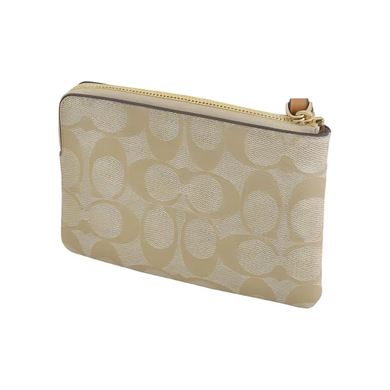 COACH Corner Zip Coated Canvas With Recycled Leather Clutch Small Size Women's Gold & Light Khaki & Light Saddle Brown-2