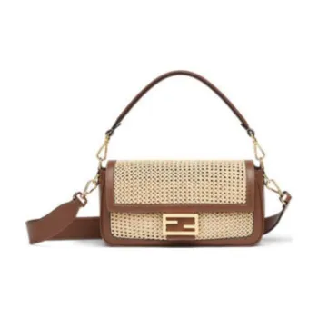 FENDI Baguette Leather Patchwork With Raffia Portable Crossbody Bag Shoulder Bag Women's Brown & Beige