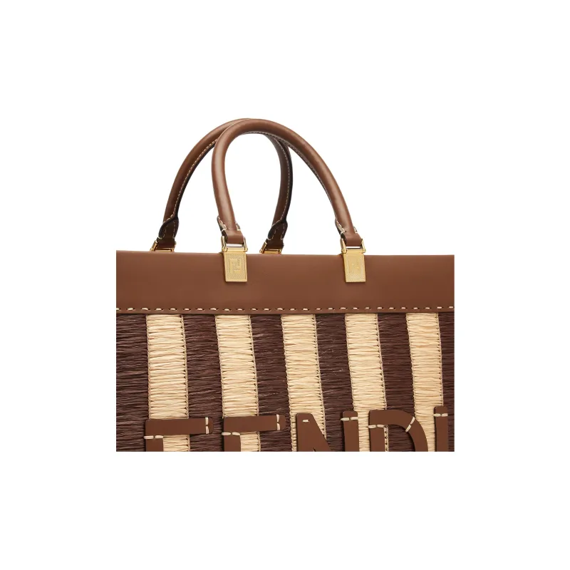 FENDI Sunshine Raffia With Leather Tote Bag Shopping Bag Shoulder Bag Crossbody Bag Handbag Medium Size Women's Brown-4