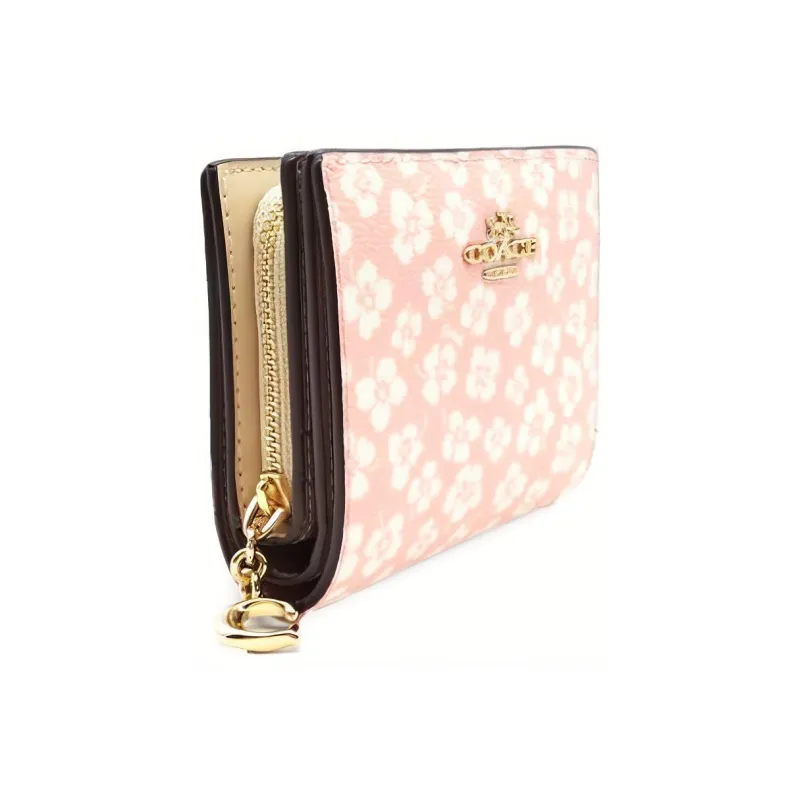 COACH Snap Wallet Smooth Leather Card Holder, Coin Pocket, Wallet Mini Women's Pink & White-1