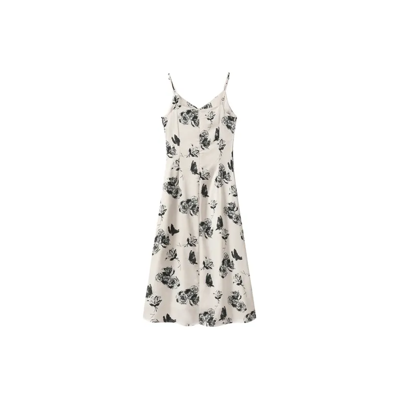 FAIRWHALE Slip Dress Women's Beige With Black Floral-1