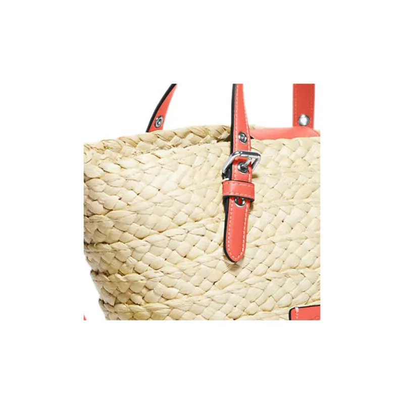 COACH Straw Woven With Leather Tote Bag, Shopping Bag, Tote Handbag Medium Size Women's Light Khaki & Pink-4